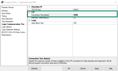 Screenshot - Logix CIP Connection Size
