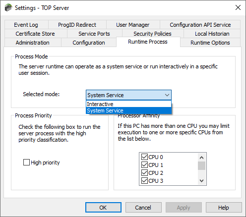 Screenshot - TOP Server Runtime Process Mode Settings