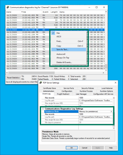 Screenshot - TOP Server Communication Diagnostic Settings