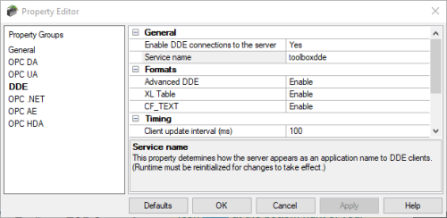 Screenshot - TOP Server DDE Client Interface Settings