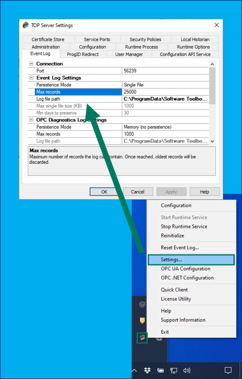 Screenshot - Accessing the TOP Server Event Log advanced settings