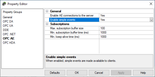 Screenshot - TOP Server OPC AE interface properties