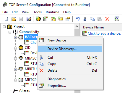 BACnet Device Discovery Menu Option