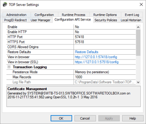 TOP Server V6 Config API Settings