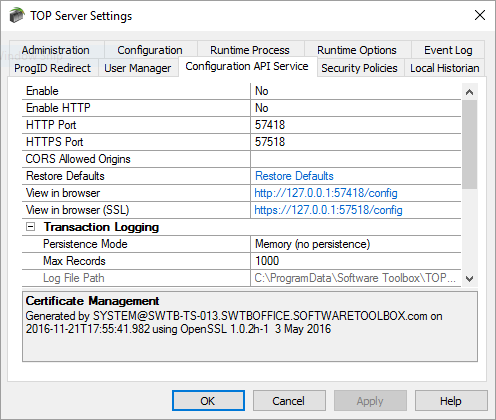 TOP Server V6 Config API is Secure by Default