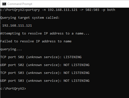 Screenshot - Using Portqry against Modbus device