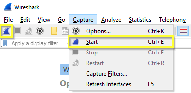 Starting a Wireshark trace capture