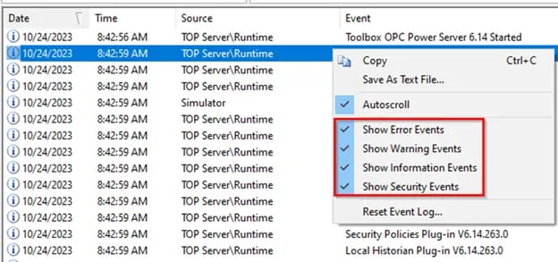 TOP Server Event Log