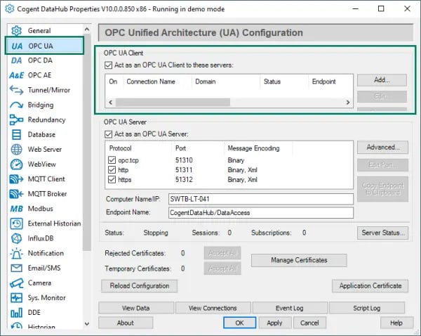 9_Screenshot_DataHub_OPCUA_Main_Section_Settings