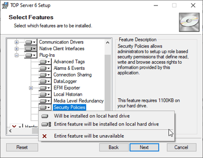 Screenshot - Select TOP Server Feature - Security Policies Plug-in