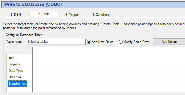 Cogent DataHub Database Write Transform Configuration Window
