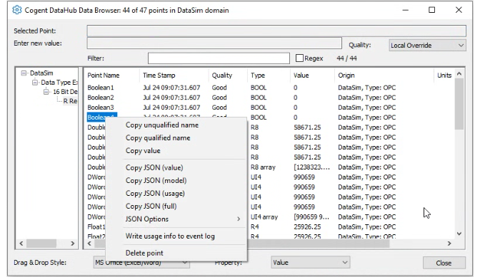 Cogent DataHub View Data Right Clicked Options