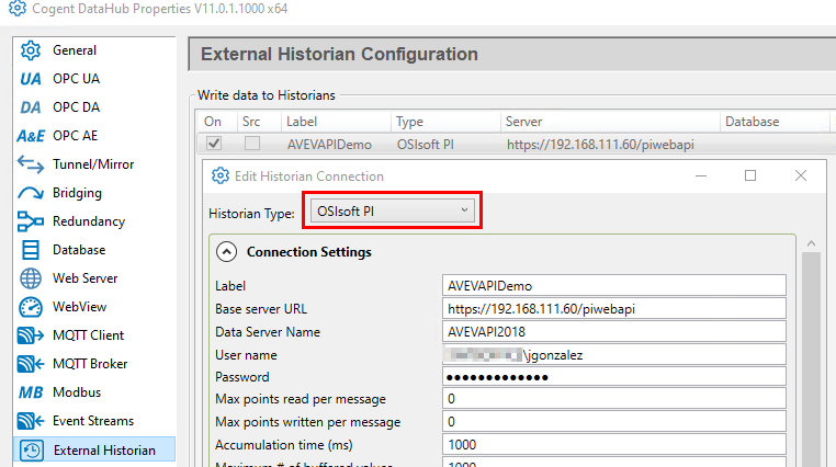 Cogent DataHub External Historian Configuration