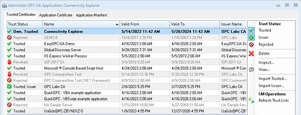 OPC Data Client OPC UA Certificate Manager Dialogs 
