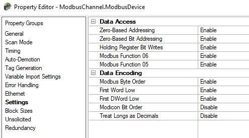 TOP Server Device Properties Modbus Settings