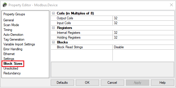 TOP Server Modbus Block Size Device Settings