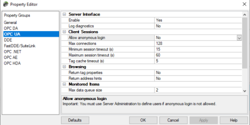 TOP Server secure OPC UA server interface properties