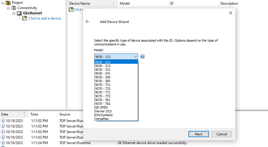 TOP Server GE Ethernet Device Selection