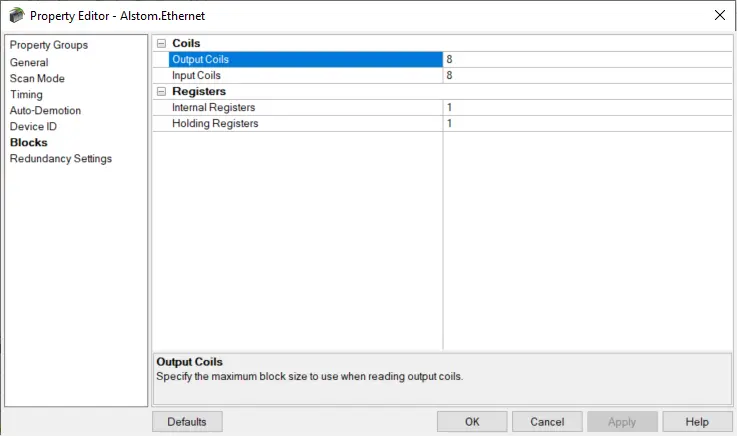 Screenshot Alstom Redundant Ethernet Block Size Configuration