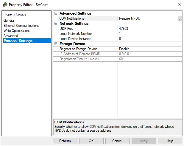 Screenshot BACnet Channel Protocol Settings