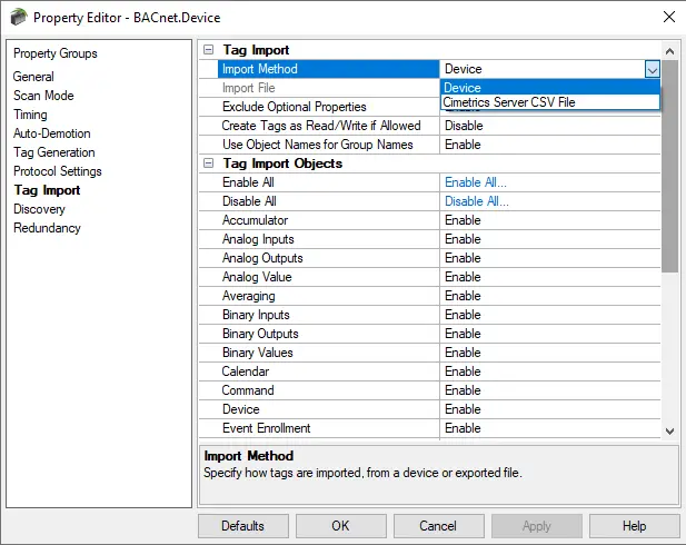 Screenshot BACnet Tag Import