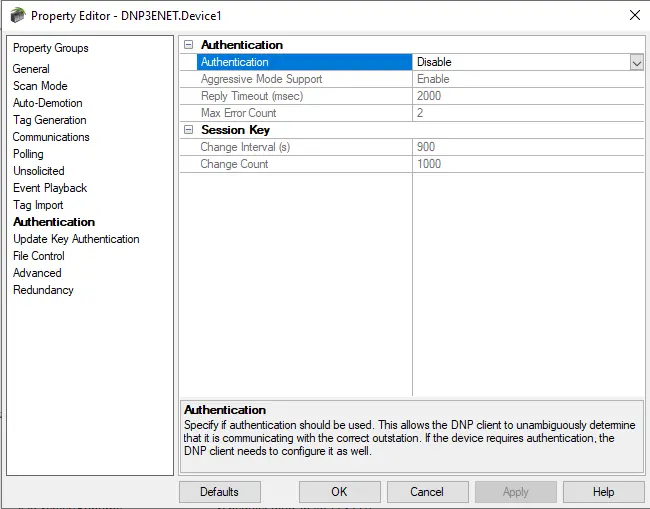 TOP Server DNP Ethernet Authentication Settings