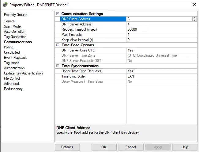 TOP Server DNP Suite Communication Settings