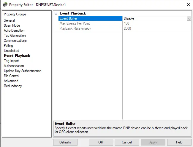 TOP Server DNP Ethernet Event Playback Settings