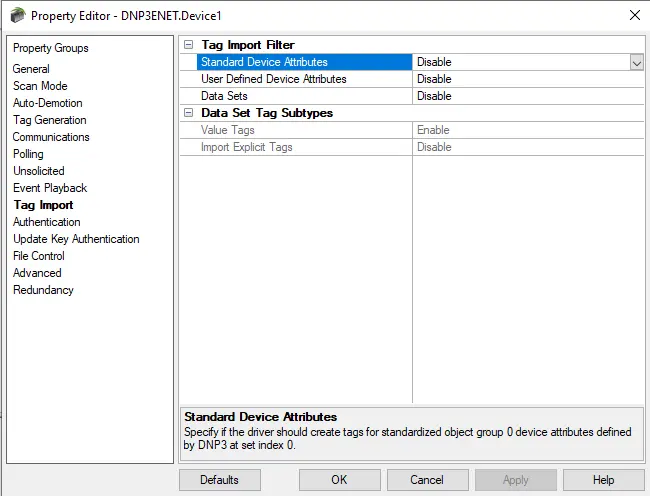 TOP Server DNP Ethernet Tag Import Settings