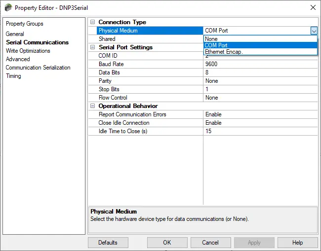 Screenshot DNP Suite DNP Serial Comm Settings