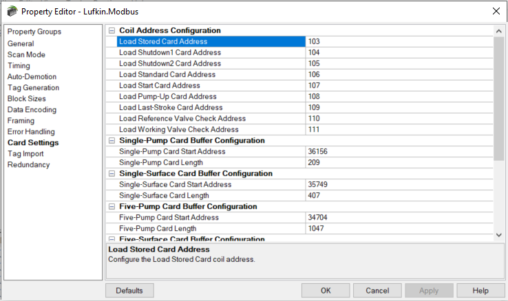 Screenshot Lufkin Modbus Card Settings