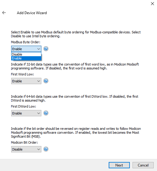 Screenshot Modbus Plus Byte Word Order