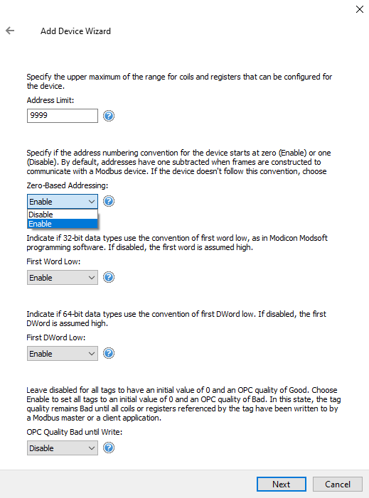 Screenshot Modbus RTU Server Serial Addressing Base