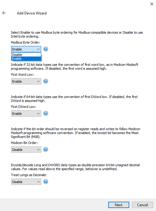 Screenshot Modbus RTU Serial Bye Word Order