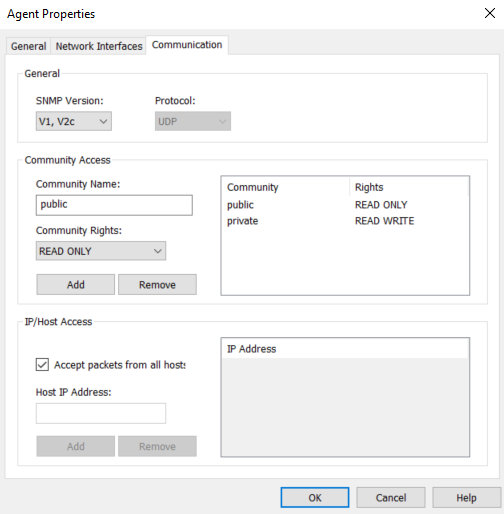 Screenshot SNMP Agent Configuration Communication Settings