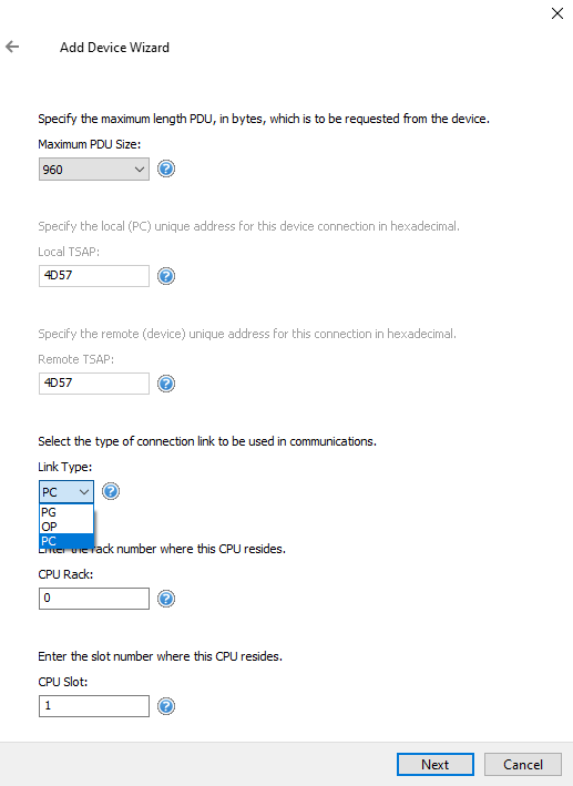 Screenshot Siemens Ethernet Link Type