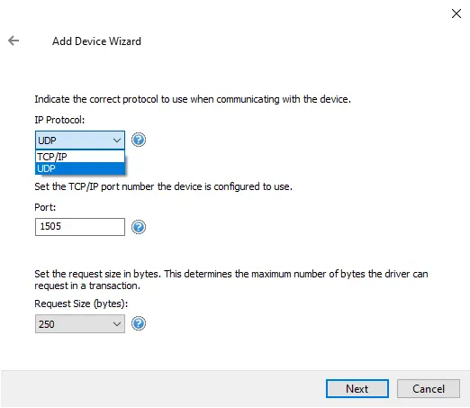 Screenshot Simatic Suite Ethernet Protocol Port Request Size