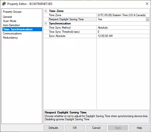 Screenshot - TOP Server IEC 60870-5-104 Device Time Sync Settings