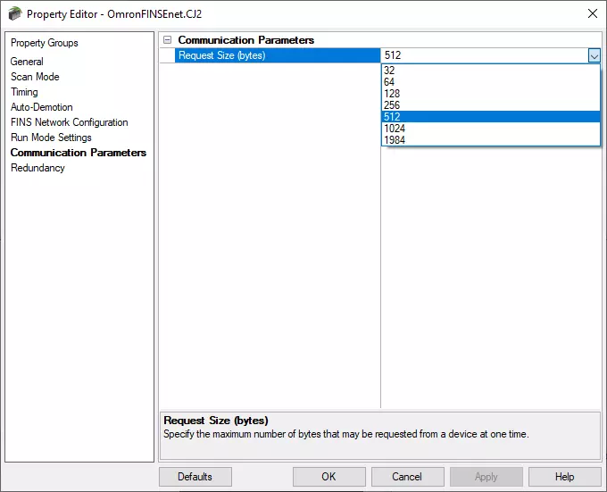 Screenshot Omron FINS Ethernet Request Size