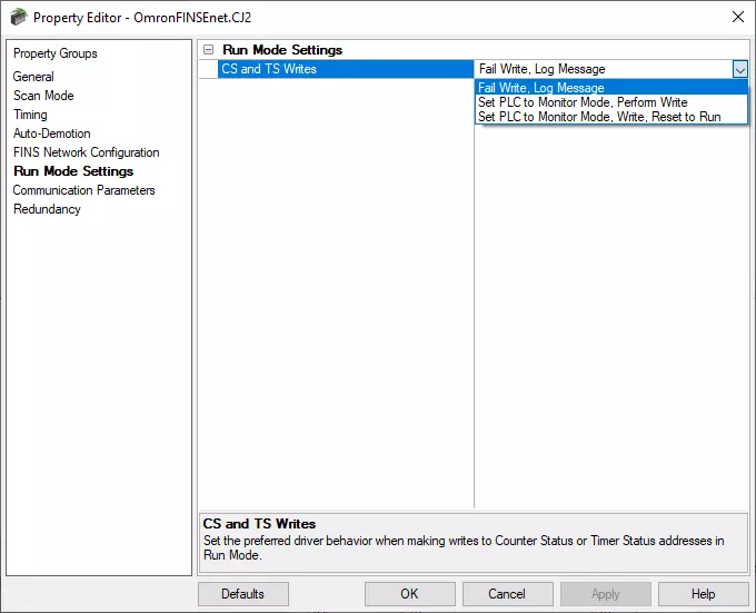 Screenshot Omron FINS Ethernet Run Mode Write Options