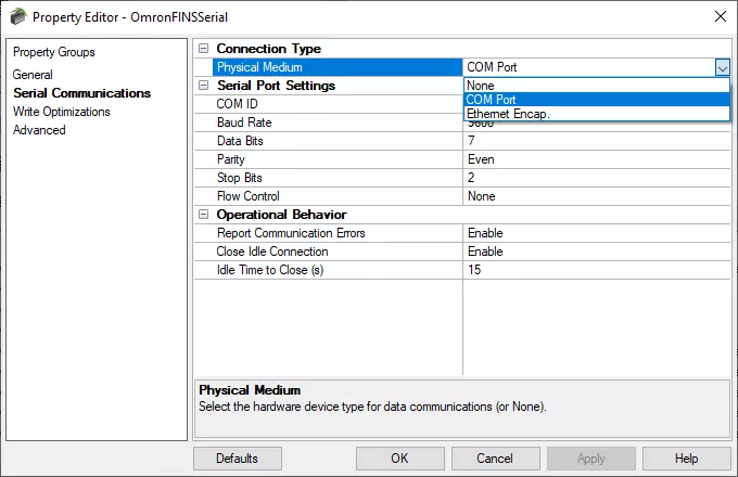 Screenshot - Omron FINS Serial Physical Mediums