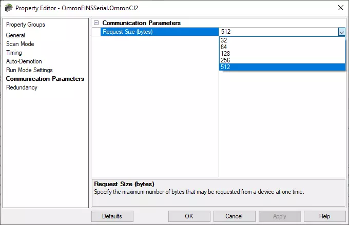 Screenshot - Omron FINS Serial Request Size