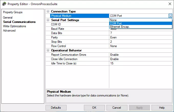 Screenshot - TOP Server Omron Process Suite Physical Medium Selection