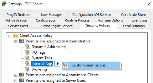 TOP Server User Manager Custom Permissions
