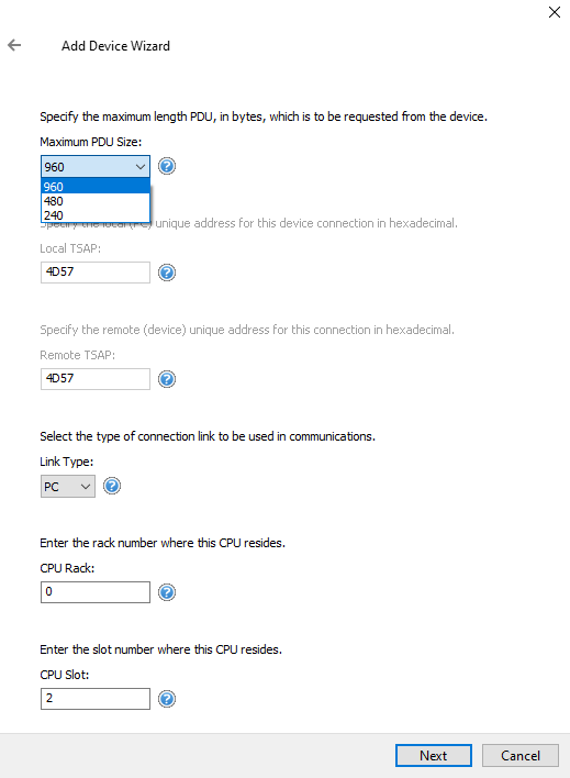 Screenshot Siemens S7 Ethernet PDU Size Link Type