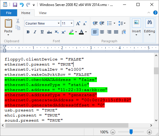 Screenshot - Disabling Dynamic MAC Generation on VMWare Workstation